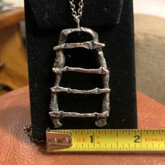 BRUTALIST MODERNIST RAW STEAMPUNK SILVERTONE PEWTER PENDANT AND CHAIN NECKLACE.